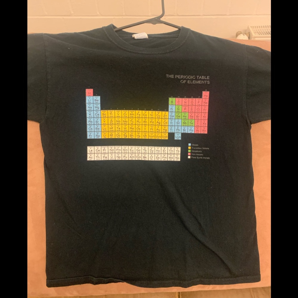 youth L black tshirt with the periodic table. 100% cotton.